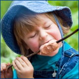 boy in blue eating from a stick