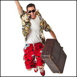 ecstatic man with suitcase going on vacation 